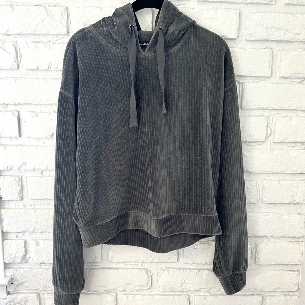 Abercrombie & Fitch Gray Ribbed Velour Hoodie Sweatshirt